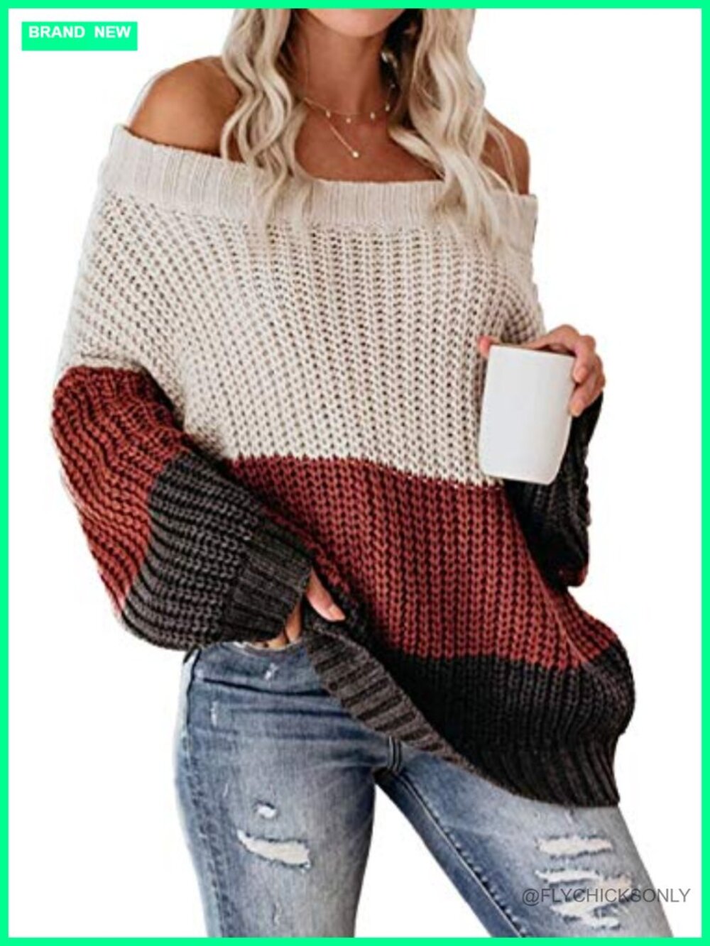 Womens Off Shoulder Color Block Oversized Pullover Sweater Chunky Knit